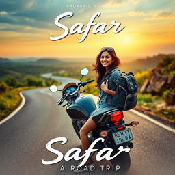 A romantic film poster titled 'Safar', featuring a confident 27-year-old Indian woman in casual travel gear standing beside her motorcycle on a winding road