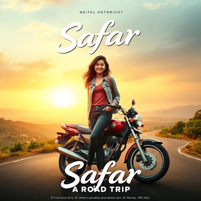 A romantic film poster titled 'Safar', featuring a confident 27-year-old Indian woman in casual travel gear standing beside her motorcycle on a winding road