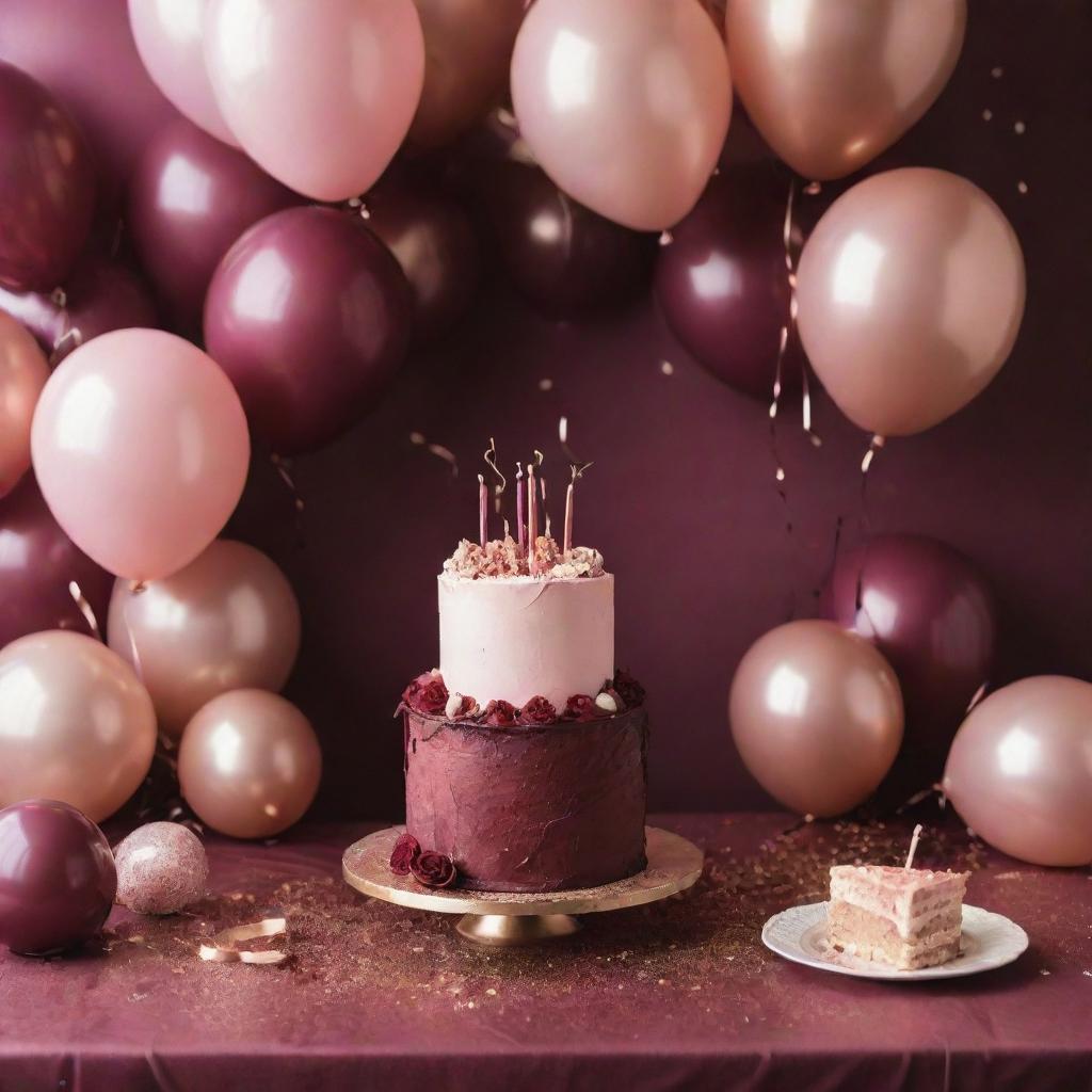 A luxurious birthday party scene adorned with decorations in rich burgundy and elegant rose gold tones. Features include balloons, streamers, confetti, and a beautifully decorated cake.