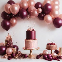 A luxurious birthday party scene adorned with decorations in rich burgundy and elegant rose gold tones. Features include balloons, streamers, confetti, and a beautifully decorated cake.