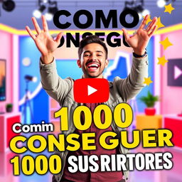 A vibrant and eye-catching YouTube thumbnail design that includes bold text saying 'Cómo Conseguir 1000 Suscriptores' prominently displayed