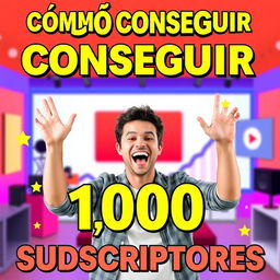 A vibrant and eye-catching YouTube thumbnail design that includes bold text saying 'Cómo Conseguir 1000 Suscriptores' prominently displayed