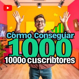 A vibrant and eye-catching YouTube thumbnail design that includes bold text saying 'Cómo Conseguir 1000 Suscriptores' prominently displayed