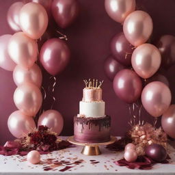 A luxurious birthday party scene adorned with decorations in rich burgundy and elegant rose gold tones. Features include balloons, streamers, confetti, and a beautifully decorated cake.