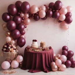 A luxurious birthday party scene adorned with decorations in rich burgundy and elegant rose gold tones. Features include balloons, streamers, confetti, and a beautifully decorated cake.