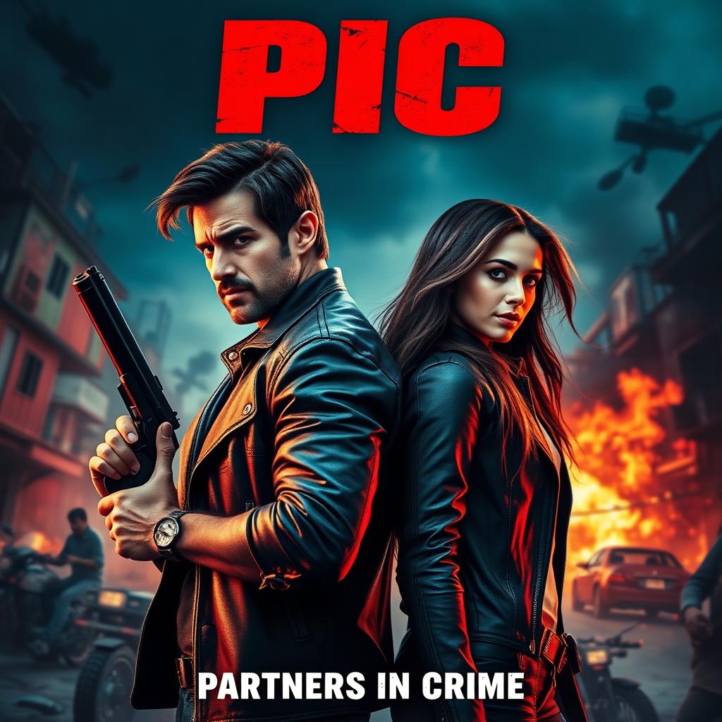 An action-packed romantic film poster featuring a male and female criminal couple, showcasing their deep bond amidst a backdrop of chaos and adventure