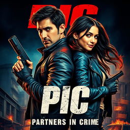 An action-packed romantic film poster featuring a male and female criminal couple, showcasing their deep bond amidst a backdrop of chaos and adventure