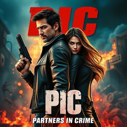 An action-packed romantic film poster featuring a male and female criminal couple, showcasing their deep bond amidst a backdrop of chaos and adventure