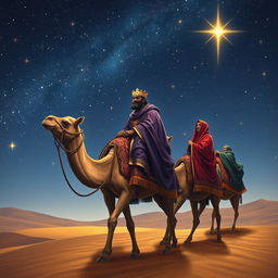 The three wise men from the East traveling on their camels under a starry sky, with Balthazar, the black king, gazing intensely