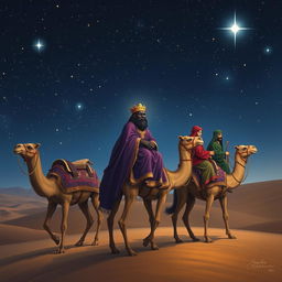 The three wise men from the East traveling on their camels under a starry sky, with Balthazar, the black king, gazing intensely