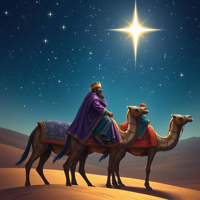 The three wise men from the East traveling on their camels under a starry sky, with Balthazar, the black king, gazing intensely