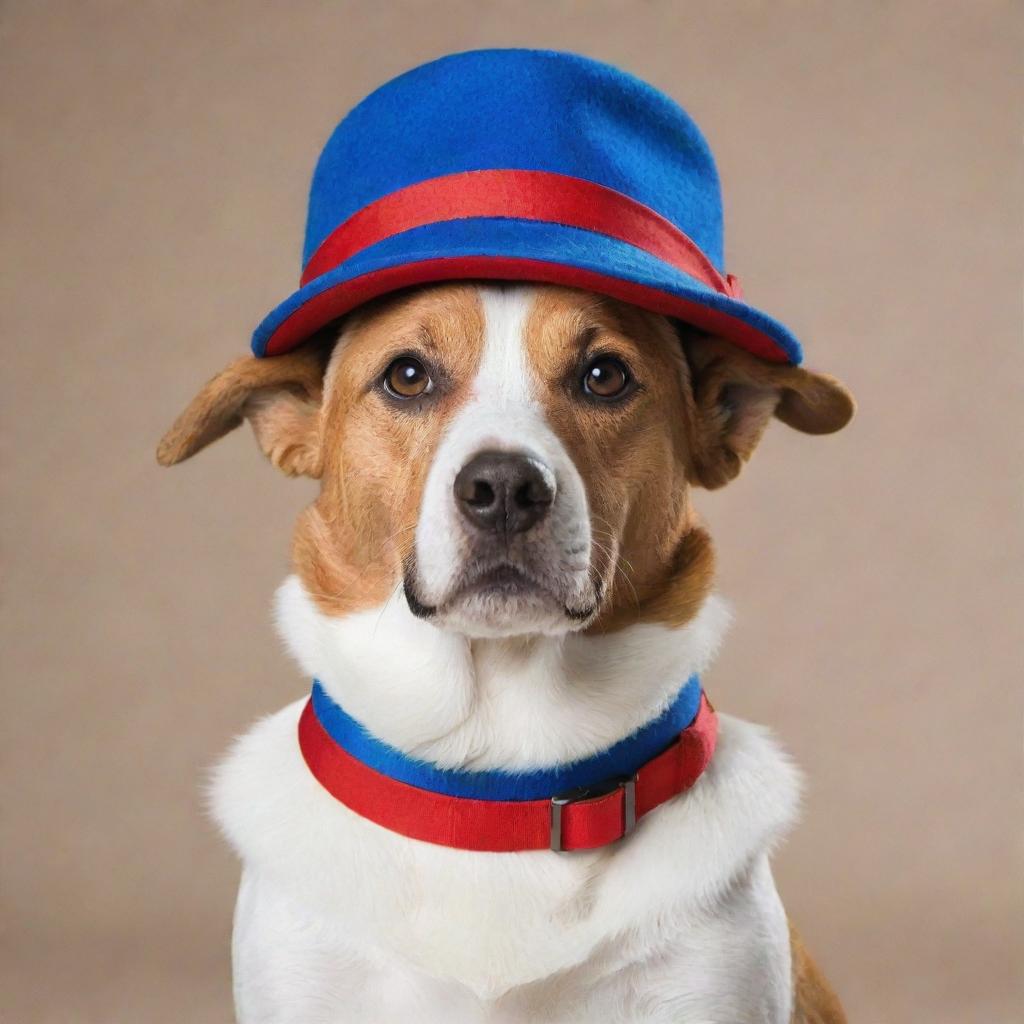 A charming dog wearing a stylish blue collar and a red hat.