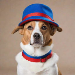 A charming dog wearing a stylish blue collar and a red hat.