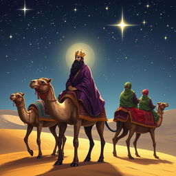 The three wise men from the East traveling on their camels under a starry sky, with Balthazar, the black king, gazing intensely