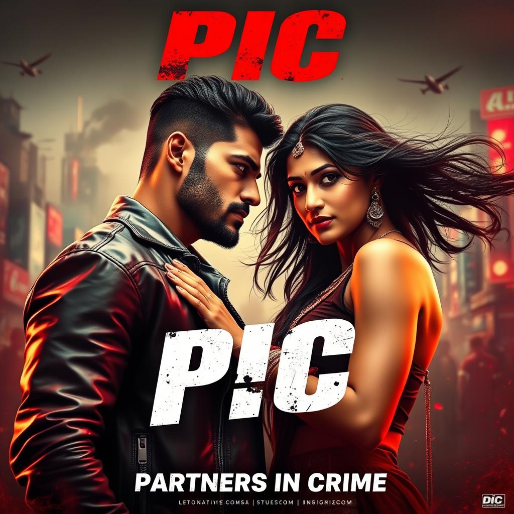 An action-packed romantic film poster featuring an Indian male and female criminal couple, highlighting their intense connection amidst a backdrop of urban chaos and excitement