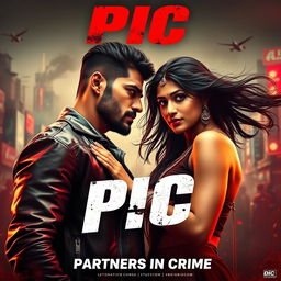 An action-packed romantic film poster featuring an Indian male and female criminal couple, highlighting their intense connection amidst a backdrop of urban chaos and excitement