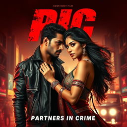 An action-packed romantic film poster featuring an Indian male and female criminal couple, highlighting their intense connection amidst a backdrop of urban chaos and excitement