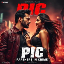 An action-packed romantic film poster featuring an Indian male and female criminal couple, highlighting their intense connection amidst a backdrop of urban chaos and excitement