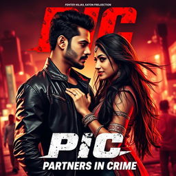 An action-packed romantic film poster featuring an Indian male and female criminal couple, highlighting their intense connection amidst a backdrop of urban chaos and excitement