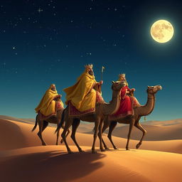 The three wise men from the East, riding gracefully on their camels under a starry night sky