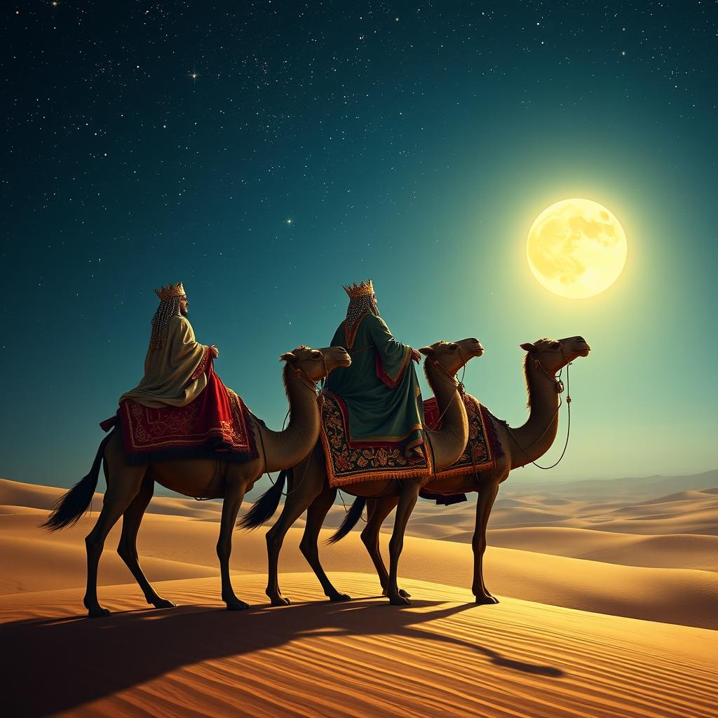 The three wise men from the East, riding gracefully on their camels under a starry night sky