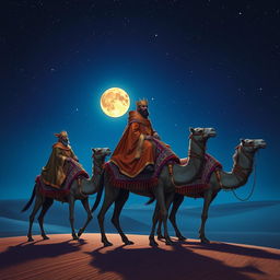 The three wise men from the East, riding gracefully on their camels under a starry night sky