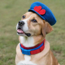 A charming dog wearing a stylish blue collar and a red hat.