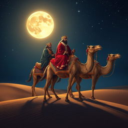 The three wise men from the East, riding gracefully on their camels under a starry night sky