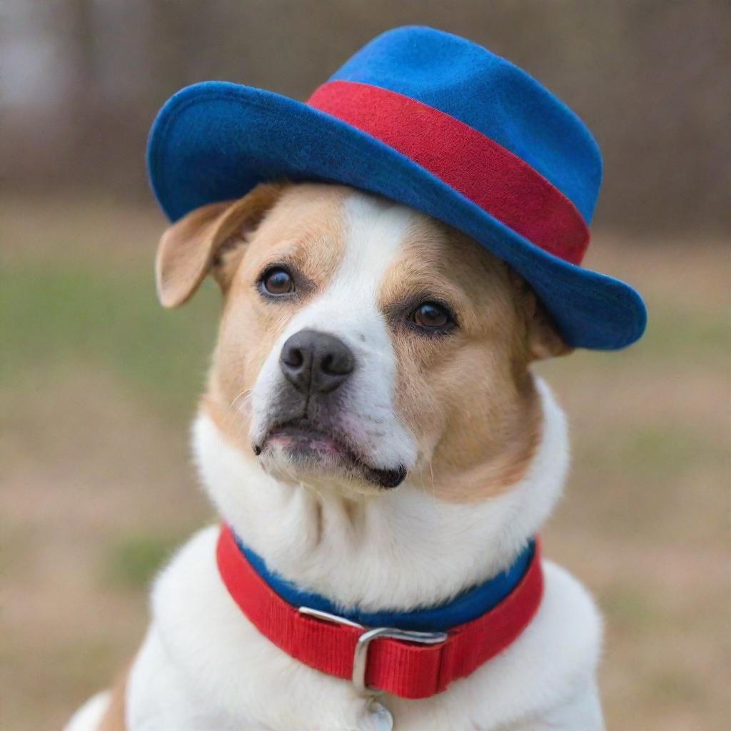 A charming dog wearing a stylish blue collar and a red hat.