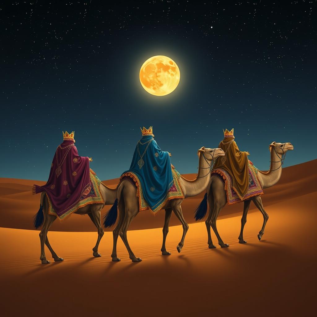 The three wise men from the East, journeying on their camels through a vast desert under a starry night sky