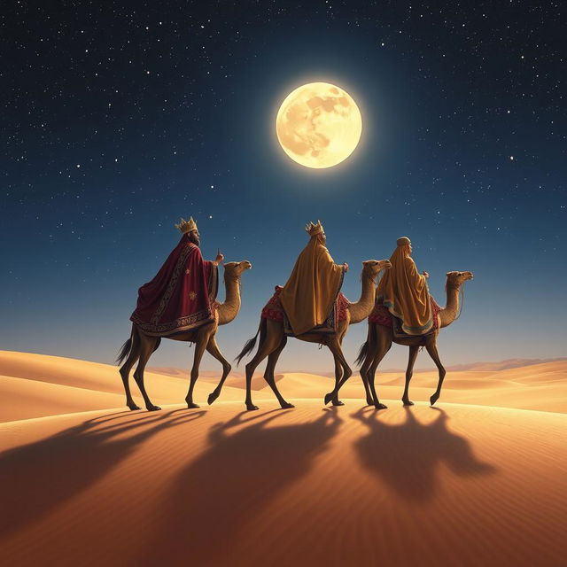 The three wise men from the East, journeying on their camels through a vast desert under a starry night sky