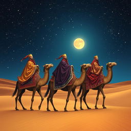 The three wise men from the East, journeying on their camels through a vast desert under a starry night sky