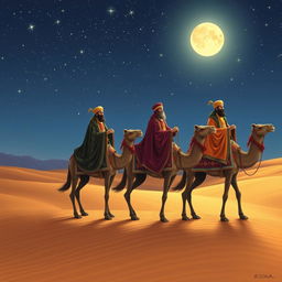 The three wise men from the East, journeying on their camels through a vast desert under a starry night sky