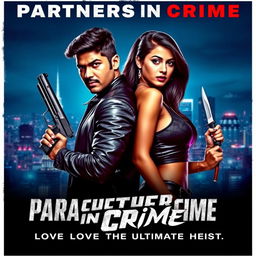 A dynamic movie poster for an action romance film titled 'Partners in Crime'