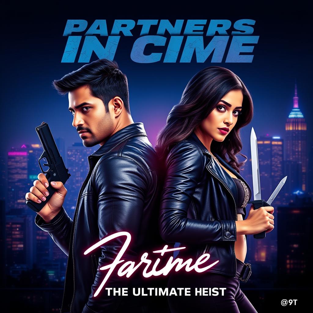 A dynamic movie poster for an action romance film titled 'Partners in Crime'