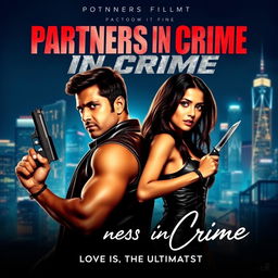 A dynamic movie poster for an action romance film titled 'Partners in Crime'