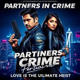 A dynamic movie poster for an action romance film titled 'Partners in Crime'