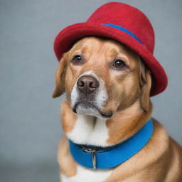 A charming dog wearing a stylish blue collar and a red hat.