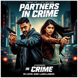 A captivating movie poster for an action romance film titled 'Partners in Crime'