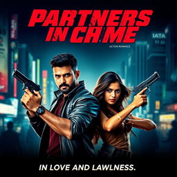 A captivating movie poster for an action romance film titled 'Partners in Crime'