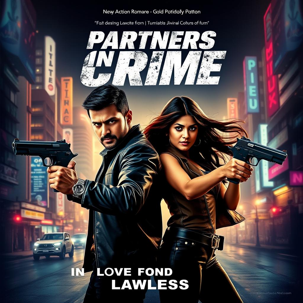 A captivating movie poster for an action romance film titled 'Partners in Crime'