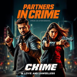 A captivating movie poster for an action romance film titled 'Partners in Crime'