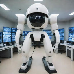 A technologically advanced mecha, equipped with a multitude of high-resolution CCTV cameras, providing panoramic and close-up views, stationed in a meticulous surveillance center.