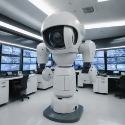 A technologically advanced mecha, equipped with a multitude of high-resolution CCTV cameras, providing panoramic and close-up views, stationed in a meticulous surveillance center.