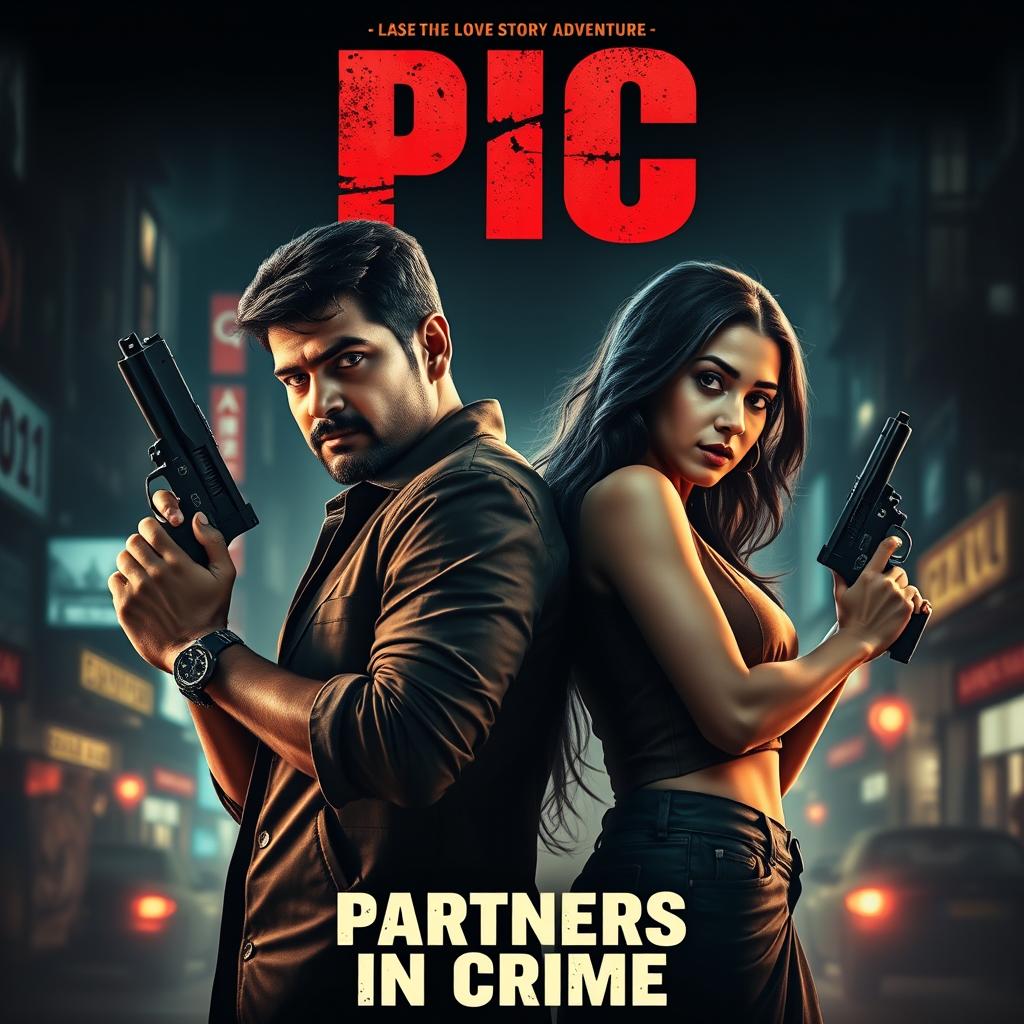 A dramatic and intense action-romantic film poster featuring a male and female Indian criminal couple