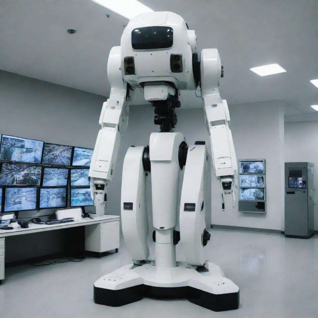 A technologically advanced mecha, equipped with a multitude of high-resolution CCTV cameras, providing panoramic and close-up views, stationed in a meticulous surveillance center.