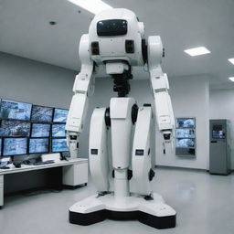 A technologically advanced mecha, equipped with a multitude of high-resolution CCTV cameras, providing panoramic and close-up views, stationed in a meticulous surveillance center.