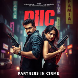 A dramatic and intense action-romantic film poster featuring a male and female Indian criminal couple