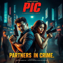 A dramatic and intense action-romantic film poster featuring a male and female Indian criminal couple