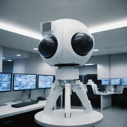 A technologically advanced mecha, equipped with a multitude of high-resolution CCTV cameras, providing panoramic and close-up views, stationed in a meticulous surveillance center.